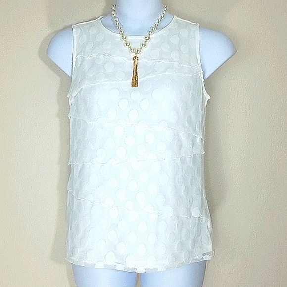 Tank Top sleeveless Pull Over Blouse shell white lace polka dot stretch tiered - Picture 1 of 8